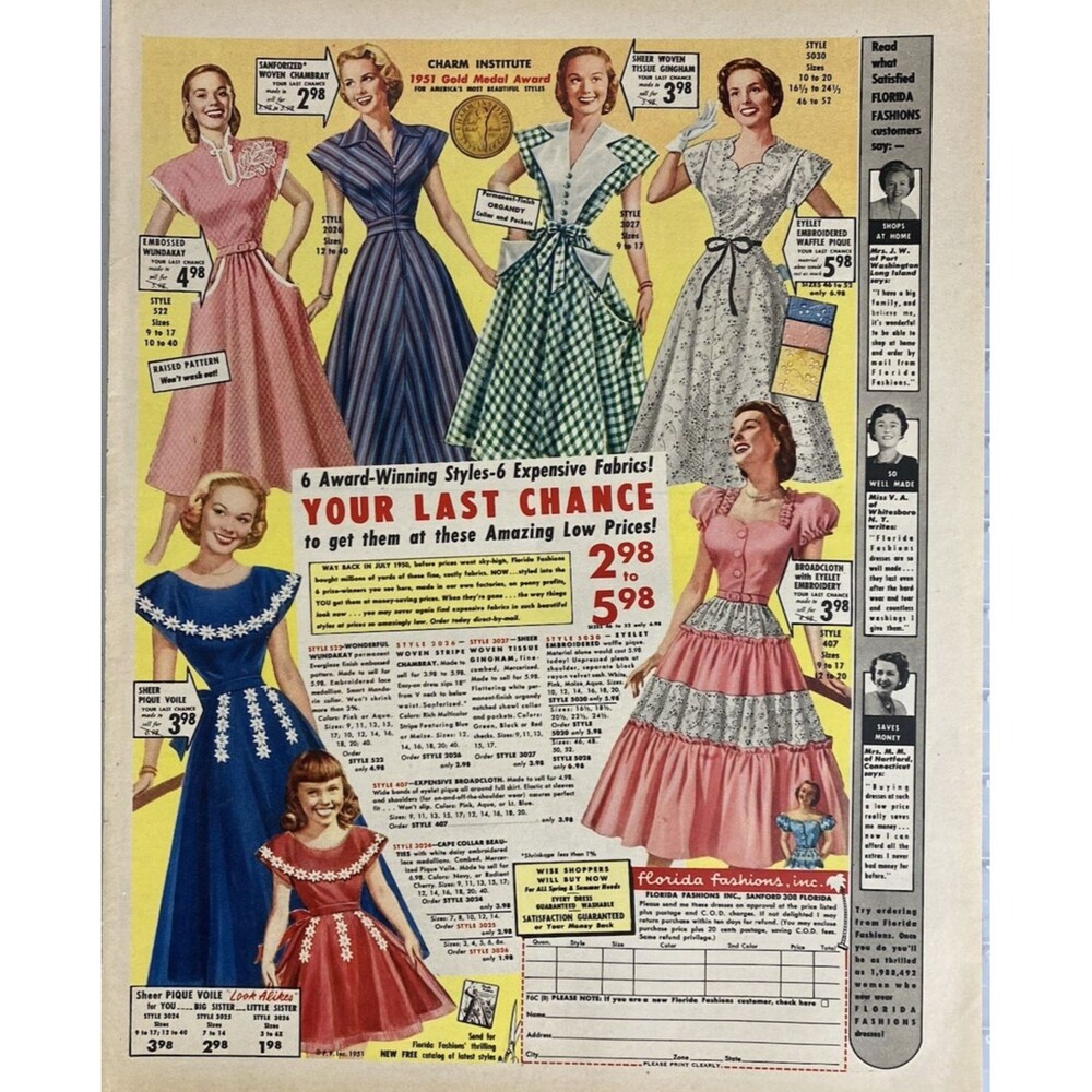 Florida Fashions "6-Award Winning Styles" Modeled Vintage Print Ad 1951